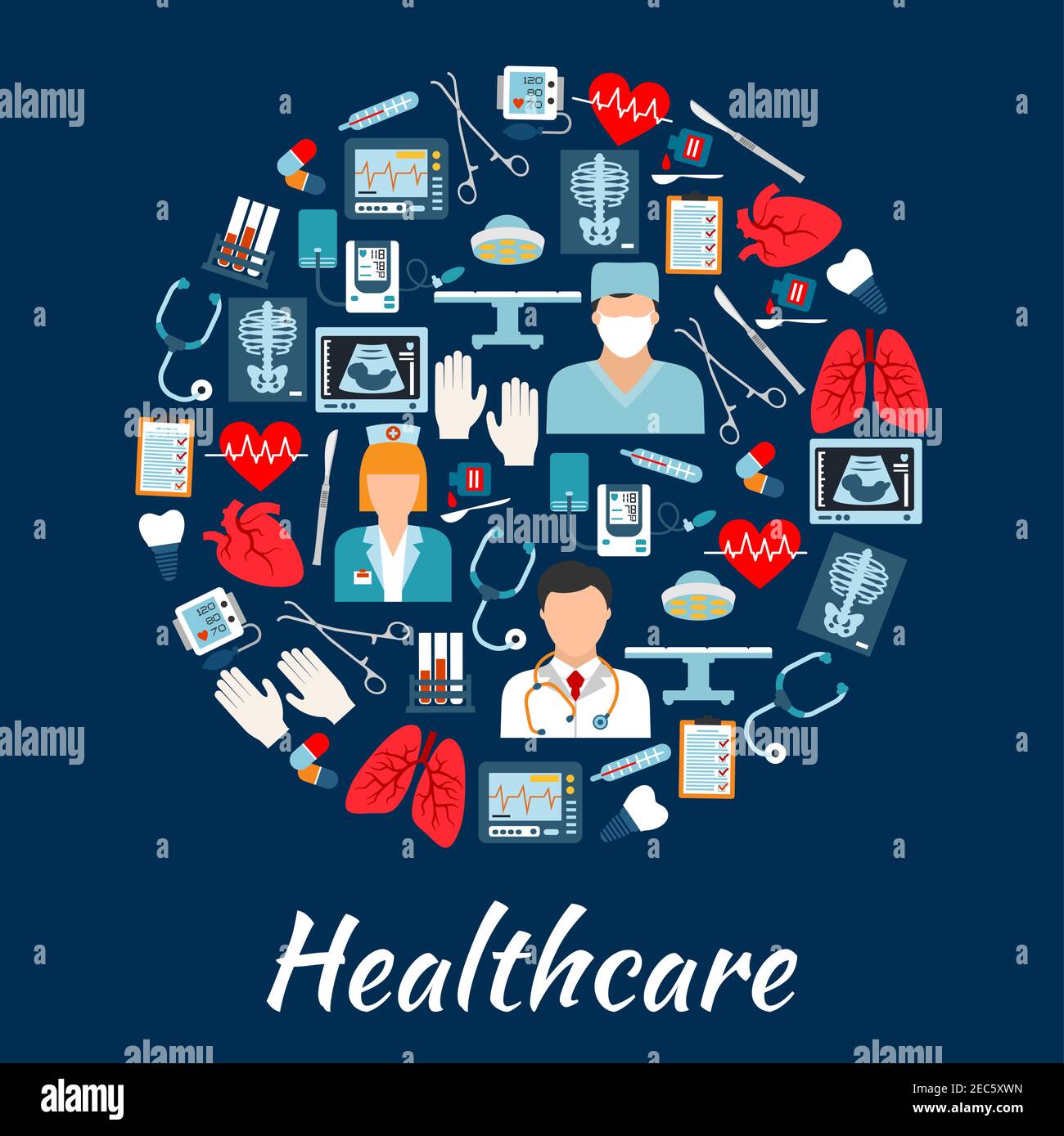 Doctor, surgeon and nurse, hearts, lungs, operation tables with lamps, stethoscopes, thermometers, medicines, surgery instruments, test tubes, tooth i Stock Vector