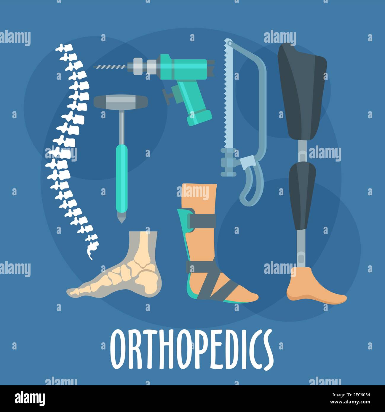 Orthopedics and prosthetics medicine symbol for orthopaedic clinic design usage with bones of vertebral column and foot, prosthetic leg and ankle foot Stock Vector