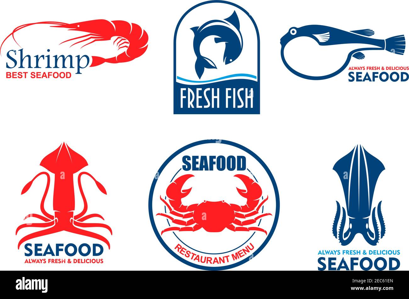 Seafood icons. Vector fish food products labels. Shrimp, squid, crab  elements for signboard, menu, restaurant, shop, cafe, market merchandising  Asian Stock Vector Image & Art - Alamy