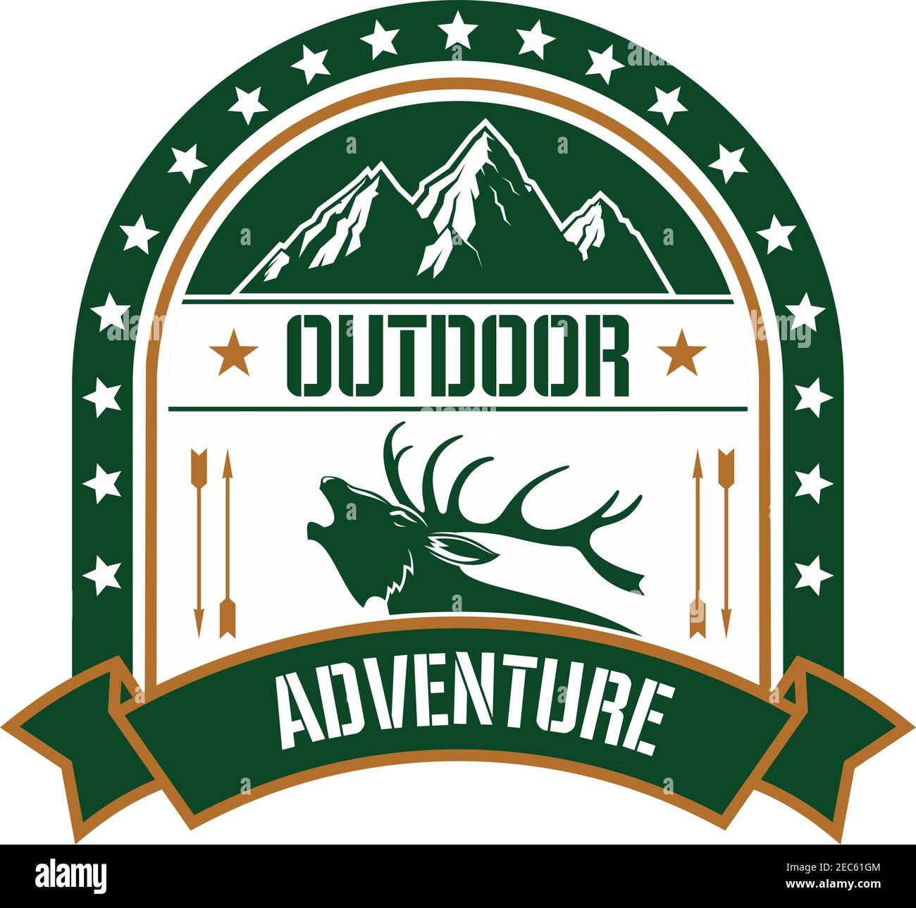 Adventure club symbol with profile of deer stag bellowing in rut, framed by a starry arch with mountain peaks on the top and ribbon banner below. Retr Stock Vector