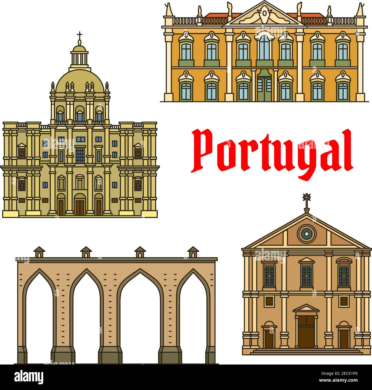 Historic buildings of Portugal. Vector detailed icons of Aqueduto das Aguas Livres, Lisbon Aqueduct, Palace of Queluz, Church of Santa Engracia, Natio Stock Vector