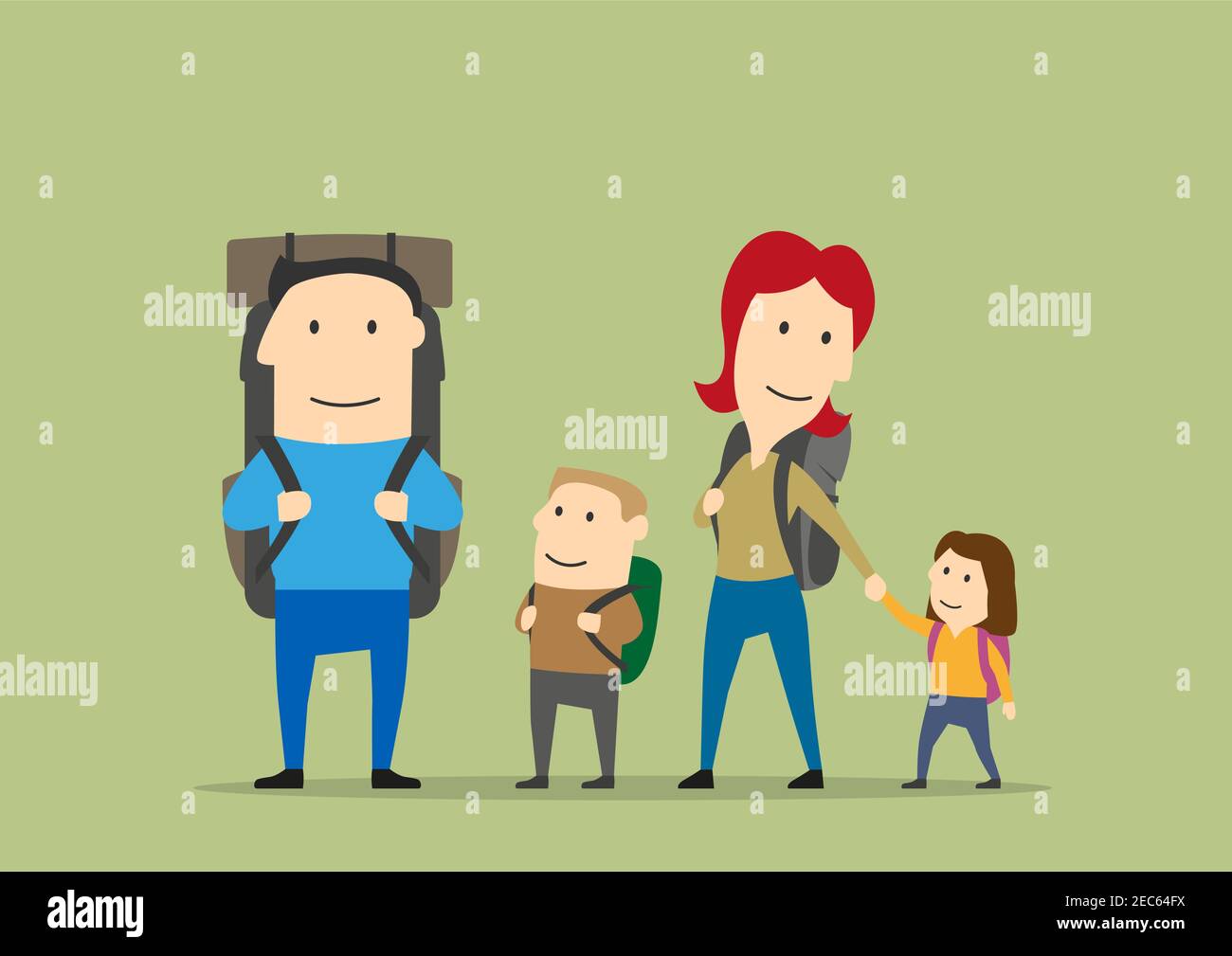 Family with backpacks. Father, mother, boy, girl on hiking. Happy parents and kids on trekking route. Backpacking adventure vector background with cha Stock Vector