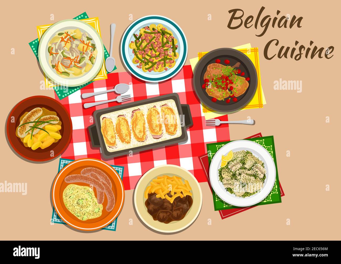 Belgian cuisine endive rolls witloof with ham and cheese flat icon served with milk sausages, fries with beef stew, mashed potatoes stoemp, creamy chi Stock Vector