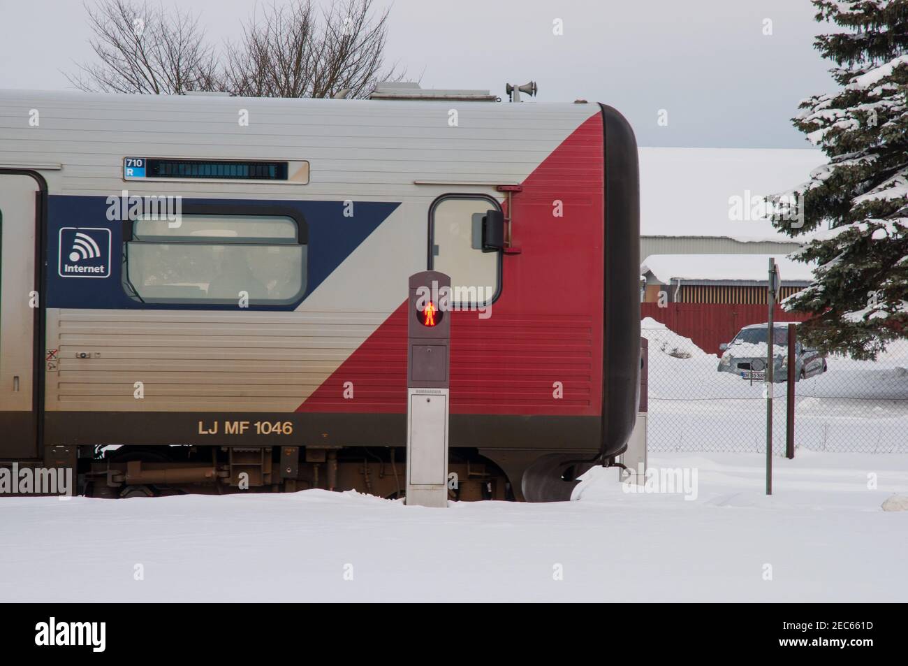 Sollested Denmark - March 3. 2018: Danish IC2 train at Sollested train station Stock Photo