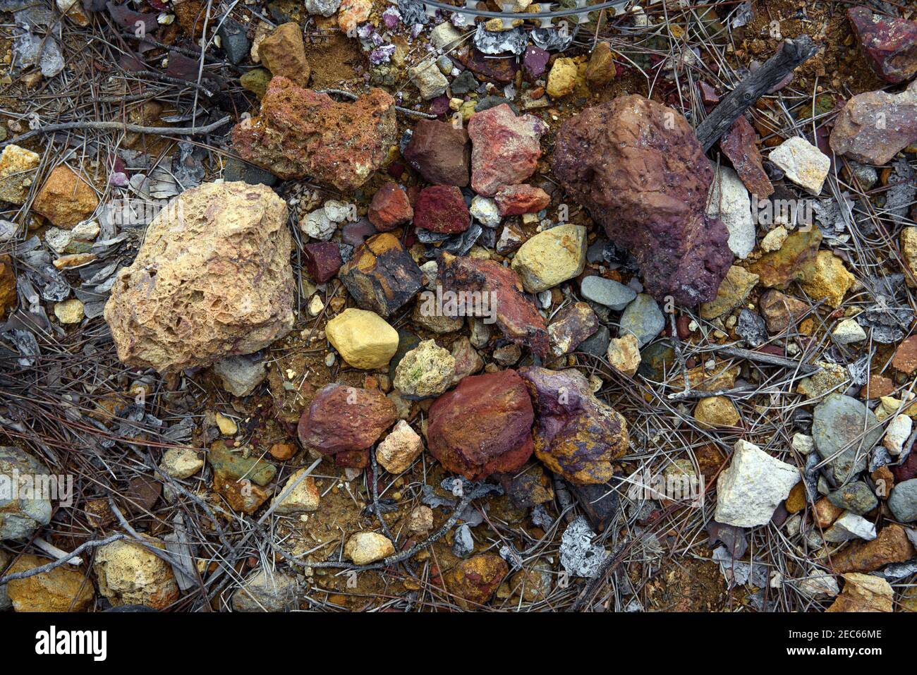 Colorful red and yellow rocks in mining area rich with copper ore and