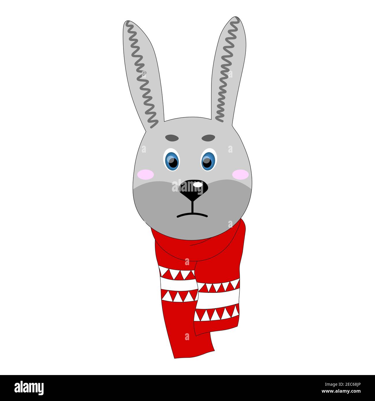 Colorful cute vector hare face in a winter scarf. One object on a white background. Cartoon flat illustration. Emoji funny animal. Embarrassed smile Stock Vector