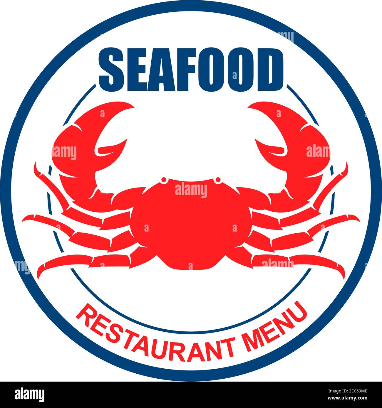 Atlantic red crab on dinner plate with text Seafood and Restaurant Menu. Retro stylized symbol for restaurant or bar menu design Stock Vector