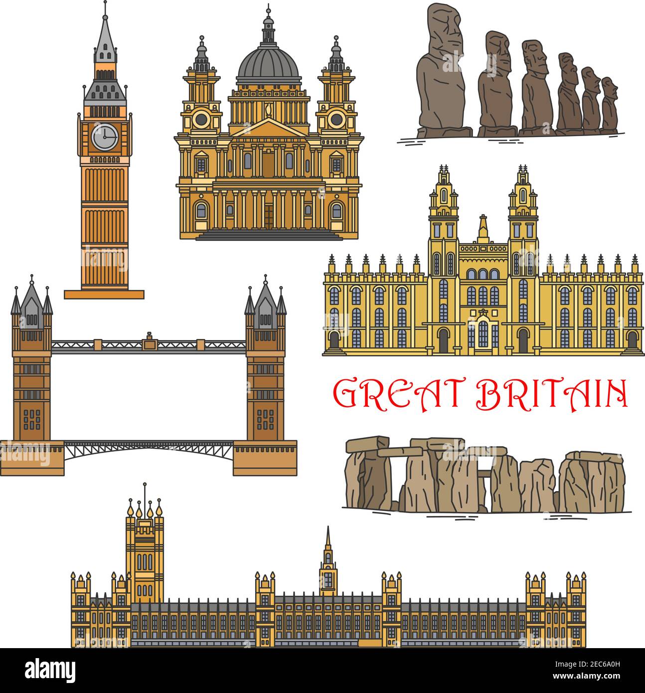 Popular travel landmarks of Great Britain and Chile icon with colorful Windsor Castle, Big Ben, Tower Bridge, St Paul Cathedral, prehistoric monuments Stock Vector