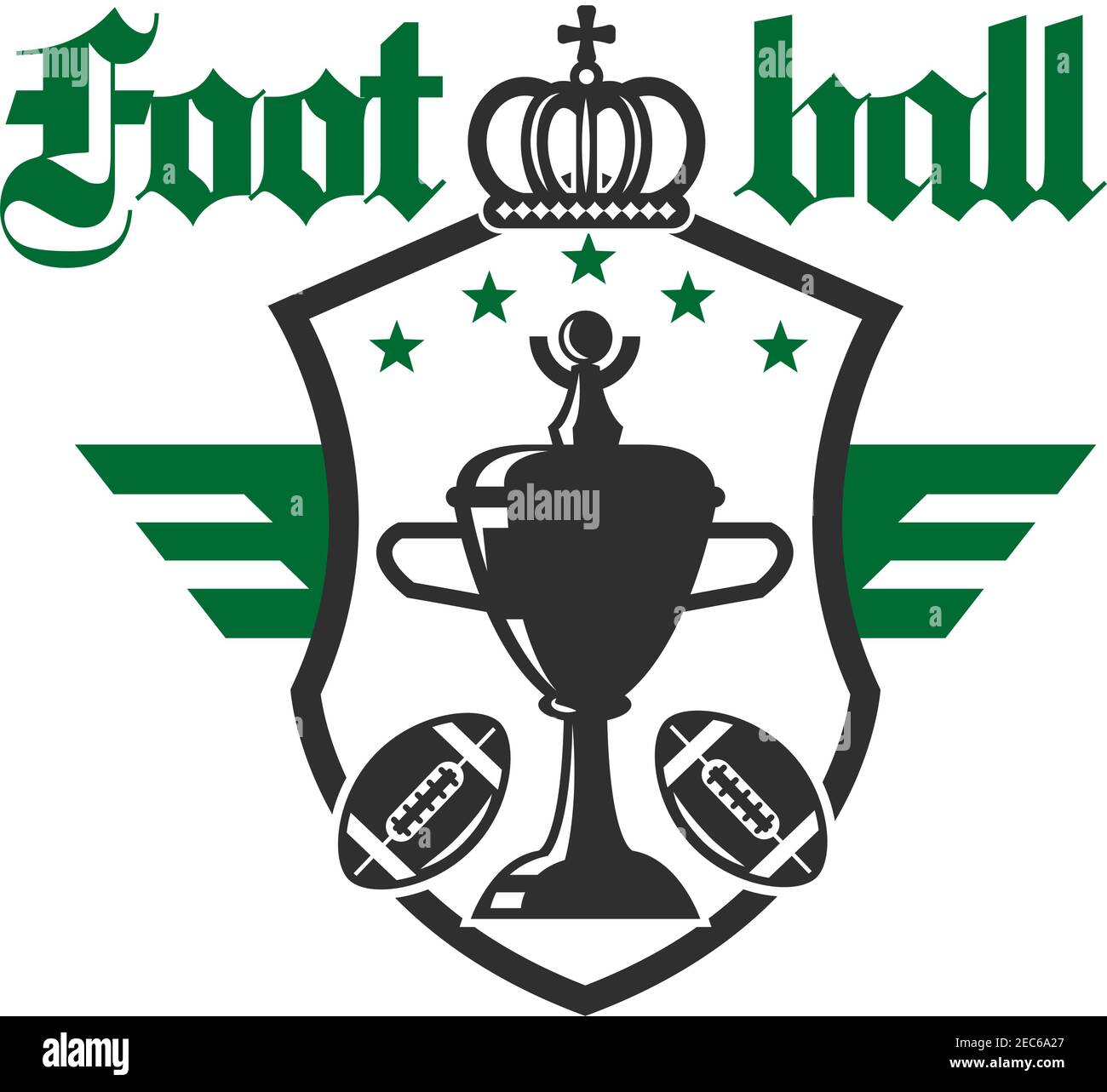 American football sporting tournament badge of champion trophy cup with balls and stars on
