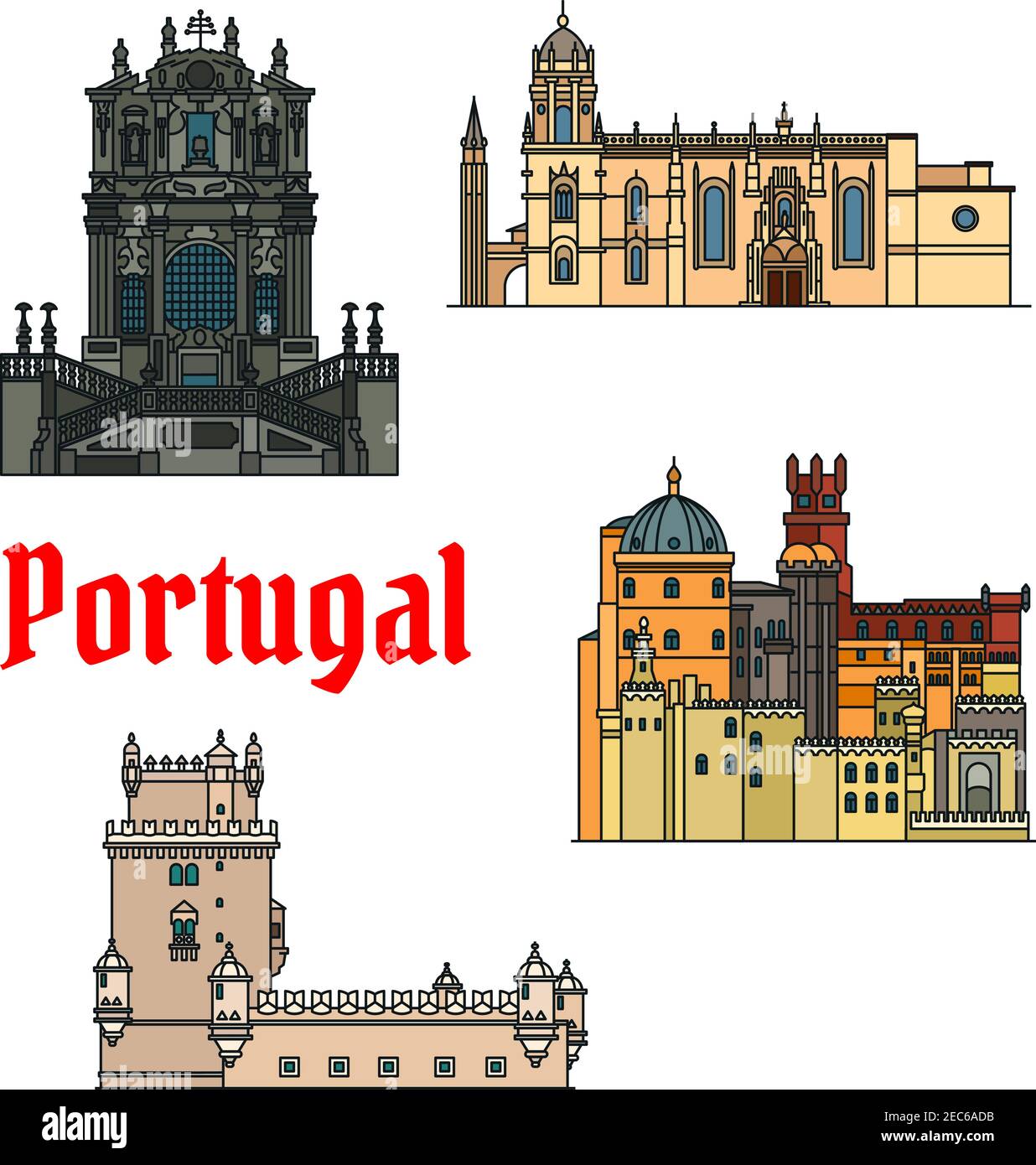 Historic sightseeings and buildings of Portugal. Vector detailed icons of Jeronimos Monastery, Hieronymites Monastery, Belem Tower, Clerigos Church, P Stock Vector