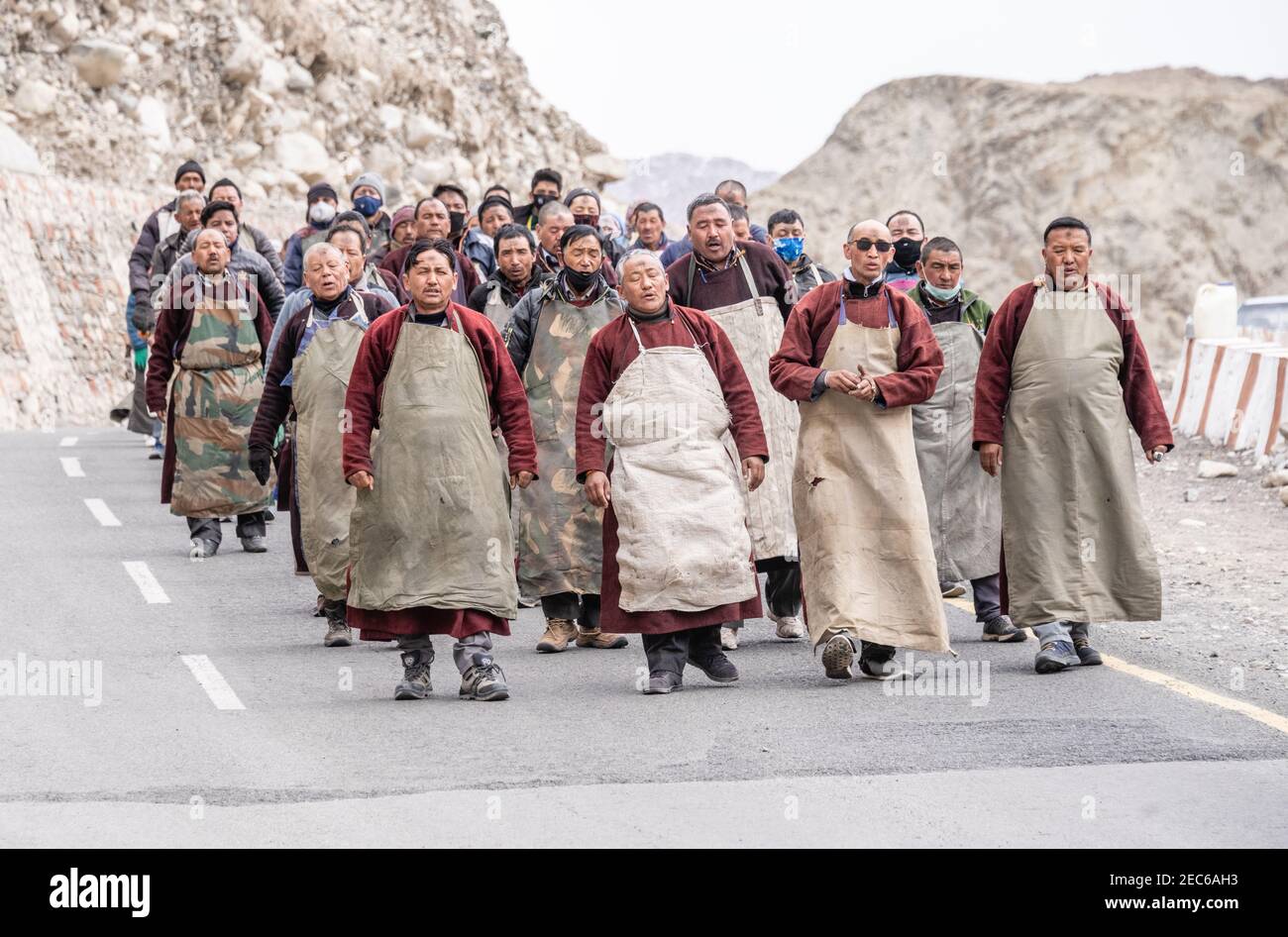 Pilgrims on the road to the Alchi Monastery, Ladakh Stock Photo