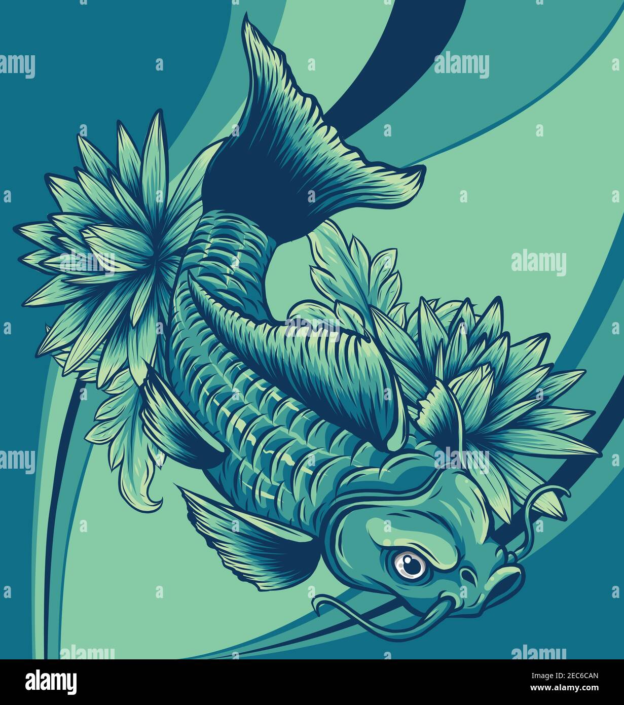 Composition with flowers and koi carps. Vector illustration Stock Vector