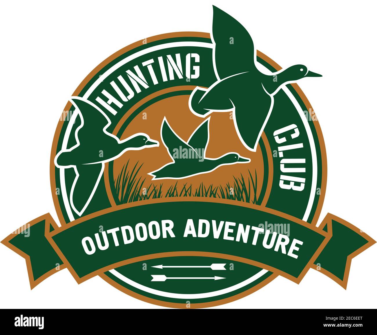 Duck hunting insignia for hunting club sporting design with retro stylized round badge with flying flock of mallard ducks, decorated by ribbon banner Stock Vector