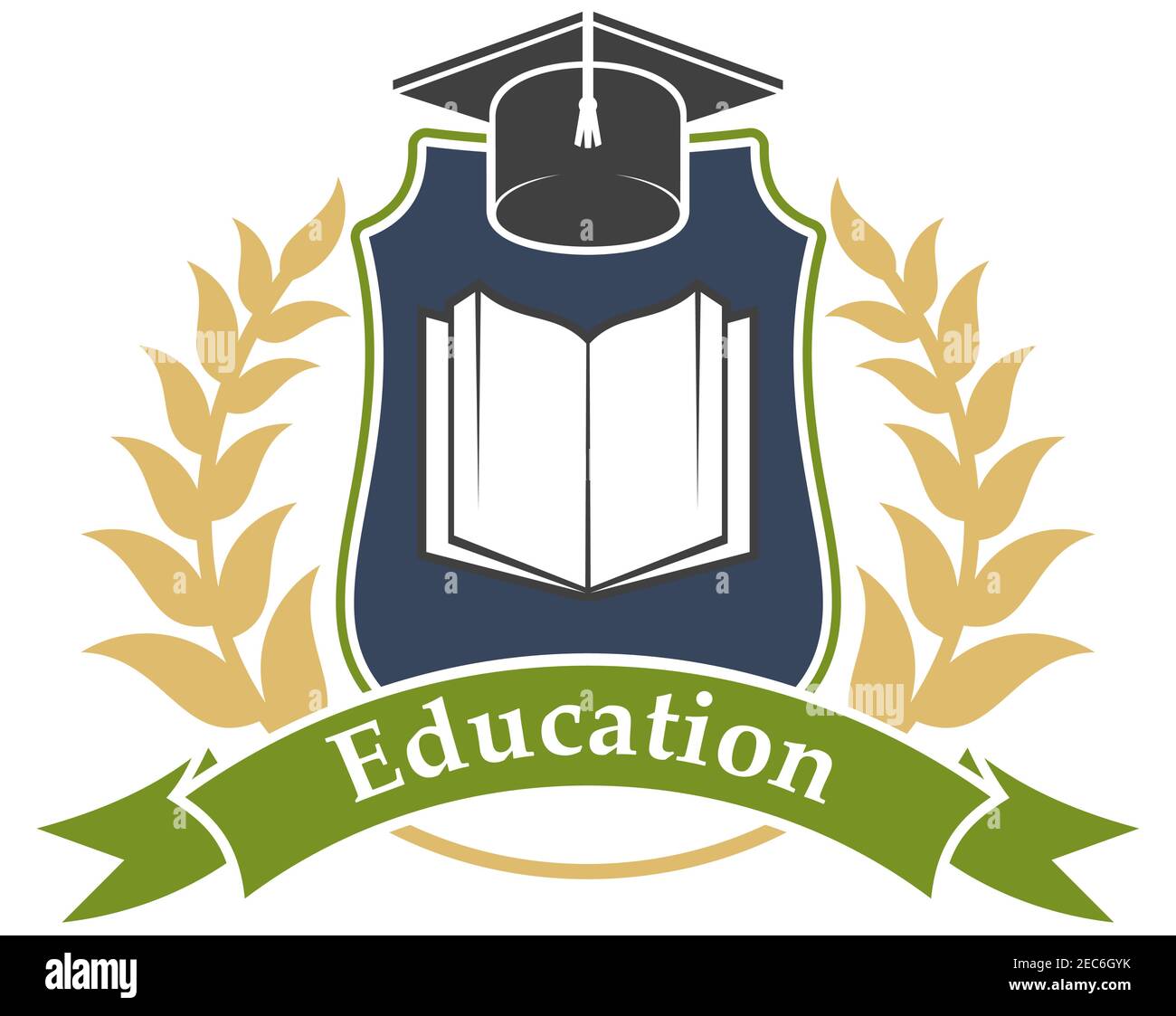 Especialista verano fusión Education shield emblem with book, graduation cap, green ribbon and leaves  branches. Vector label icon for university, college, high school Stock  Vector Image & Art - Alamy