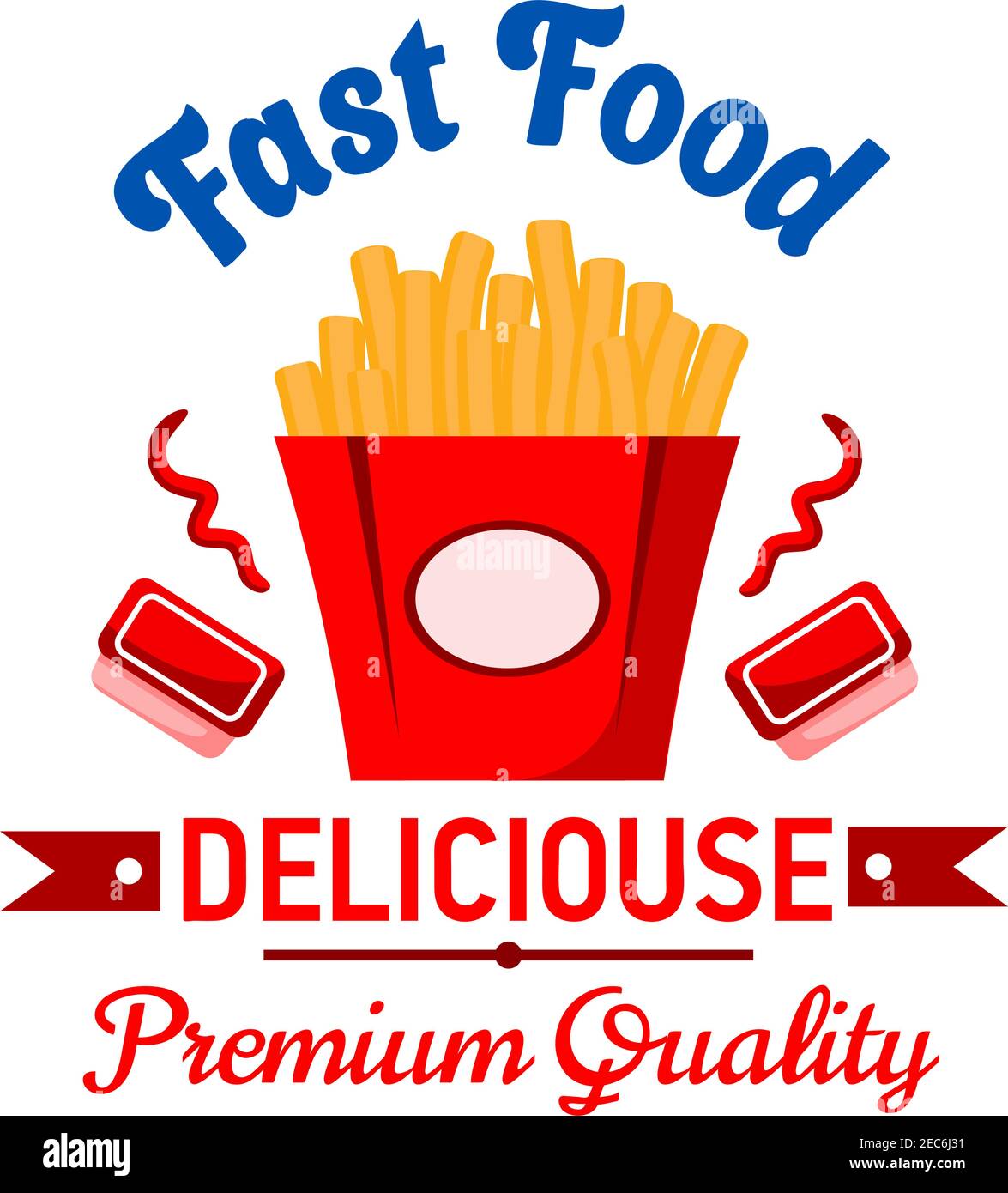 French Fries Ribbon Fast food french fries in takeaway red paper box with label flanked by ...