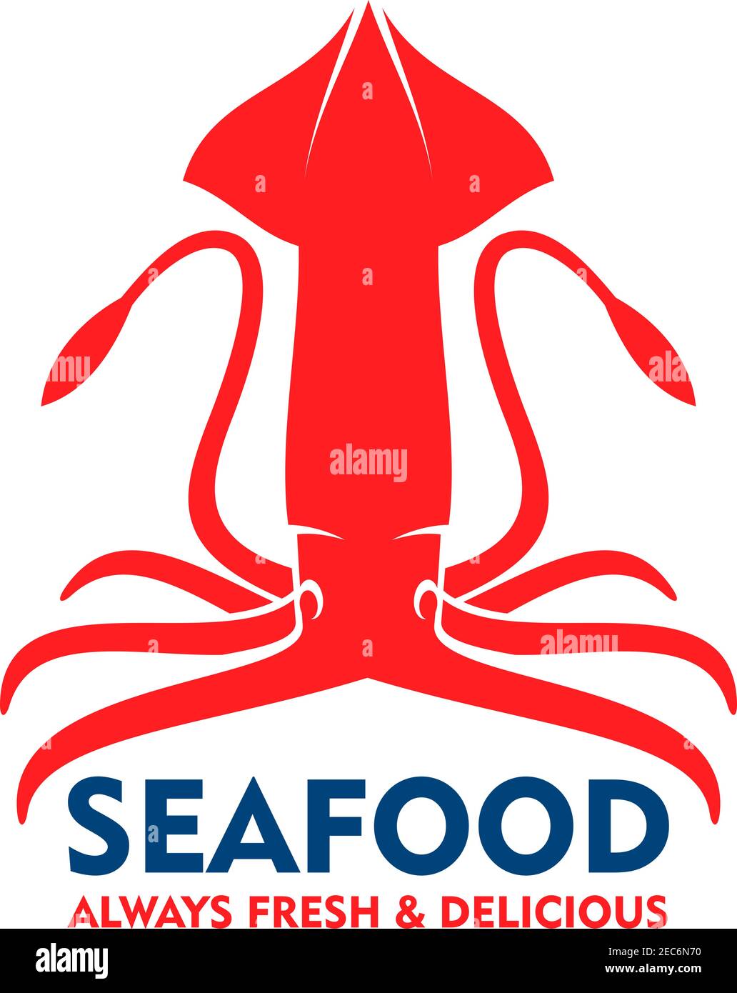 Marine squid red symbol with open fins, raised tentacles and blue caption Seafood. Great for fish market badge or food packaging design Stock Vector