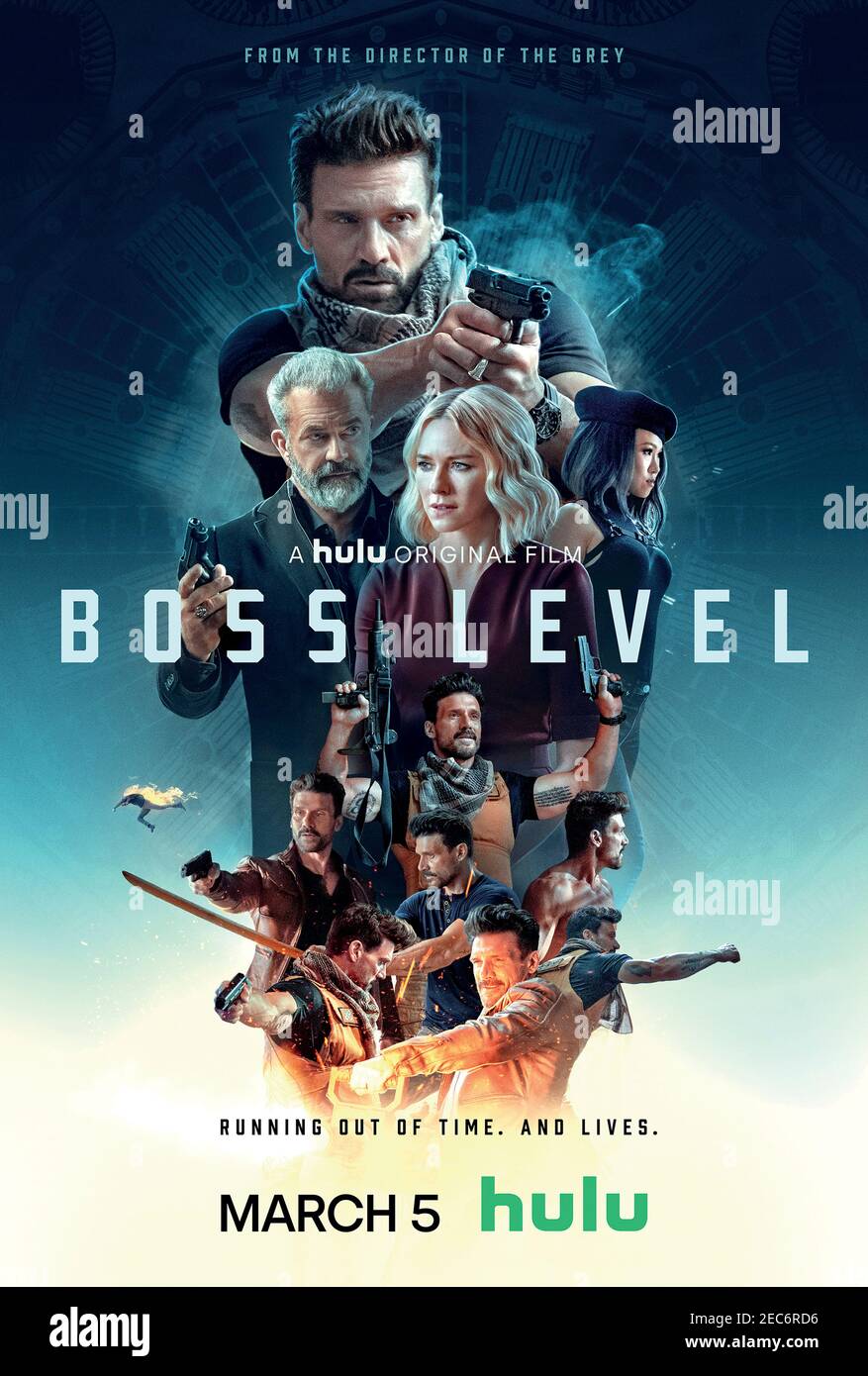 Boss Level (2021) directed by Joe Carnahan and starring Frank Grillo, Mel Gibson and Naomi Watts. A retired special forces officer relives the day of his death over and over again. Stock Photo