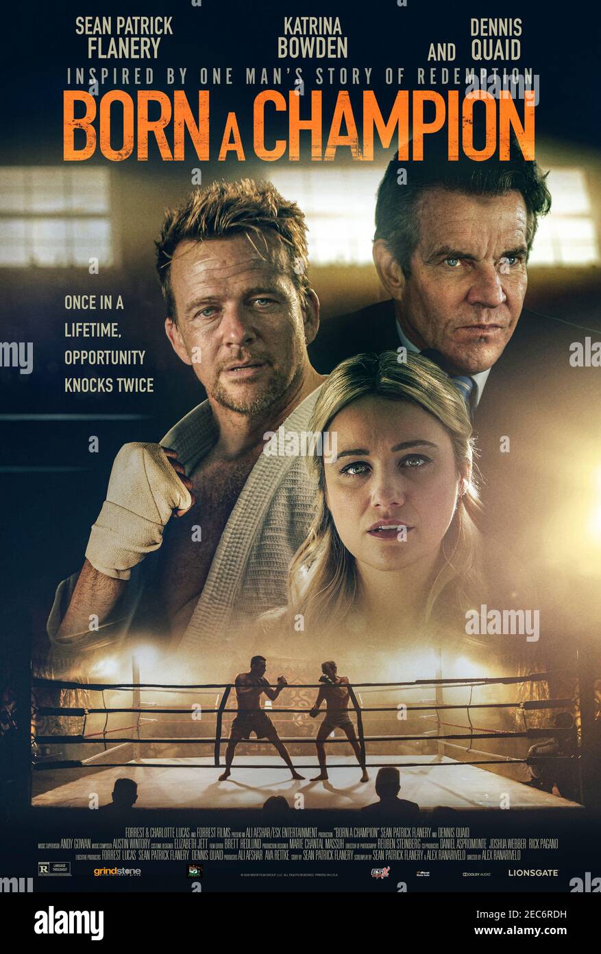 Born a Champion (2021) directed by Alex Ranarivelo and starring Katrina Bowden, Sean Patrick Flanery and Dennis Quaid. Mickey Kelley, one of the first American black belts in Brazilian jiu-jitsu, gets pulled away from everything he loves and into an unsanctioned MMA tournament. Stock Photo