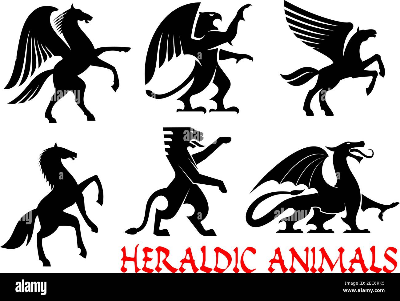 Heraldic animals icons. Pegasus, Griffin, Dragon, Lion, Horse, Tiger, Unicorn silhouettes. Gothic mythical creatures for tattoo, heraldry or tribal sh Stock Vector
