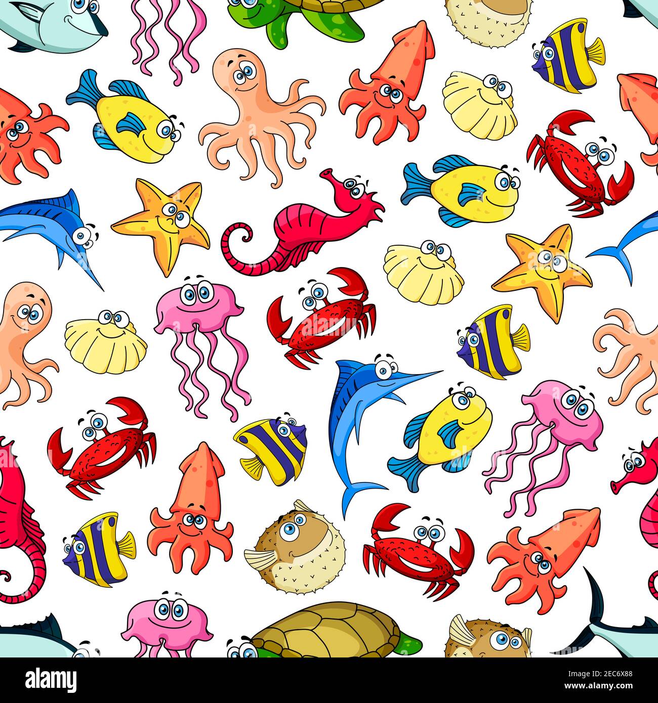 Cute sea and ocean cartoon animals and fishes. Seamless pattern background  with underwater funny characters. Kids vector wallpaper decoration Stock  Vector Image & Art - Alamy