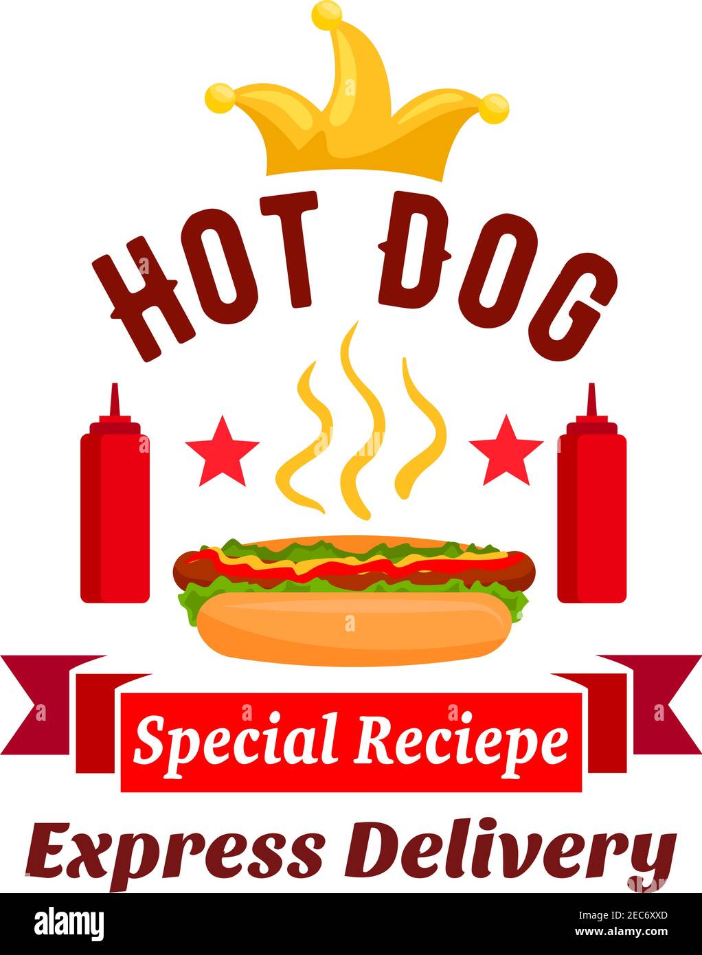 Fast food xpress delivery emblem. hot dog label element with ketchup bottles, golden crown, stars, red ribbon. Vector icon for restaurant, eatery, men Stock Vector