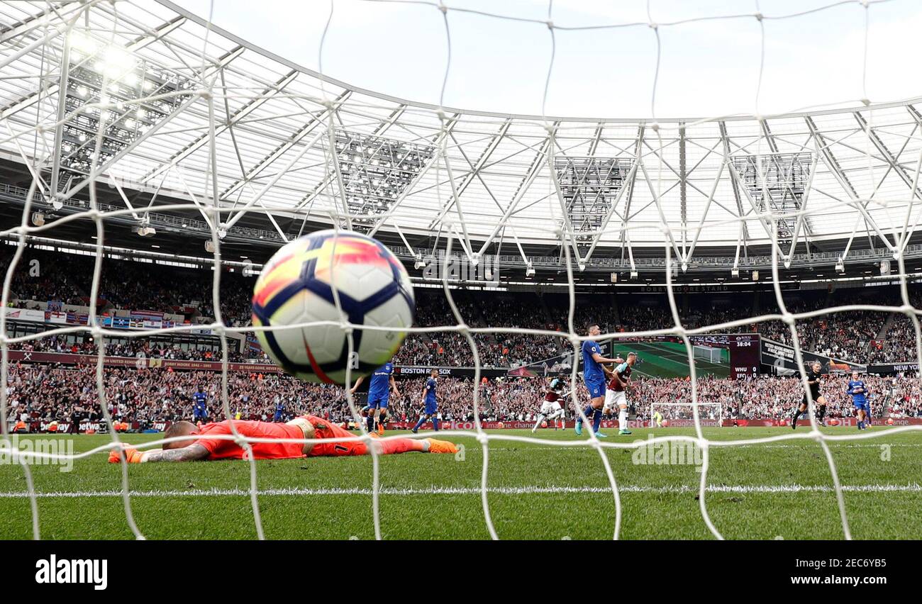 Soccer Football - Premier League - West Ham United vs Everton - London Stadium, London, Britain - May 13, 2018   West Ham United's Manuel Lanzini (not pictured) scores their first goal    REUTERS/Eddie Keogh    EDITORIAL USE ONLY. No use with unauthorized audio, video, data, fixture lists, club/league logos or 'live' services. Online in-match use limited to 75 images, no video emulation. No use in betting, games or single club/league/player publications.  Please contact your account representative for further details. Stock Photo