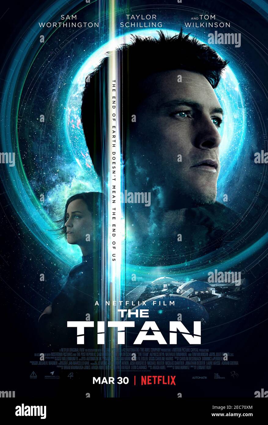 The Titan (2018) directed by Lennart Ruff and starring Sam Worthington,  Taylor Schilling and Tom Wilkinson. A military family takes part in a  ground-breaking experiment of genetic evolution and space exploration Stock