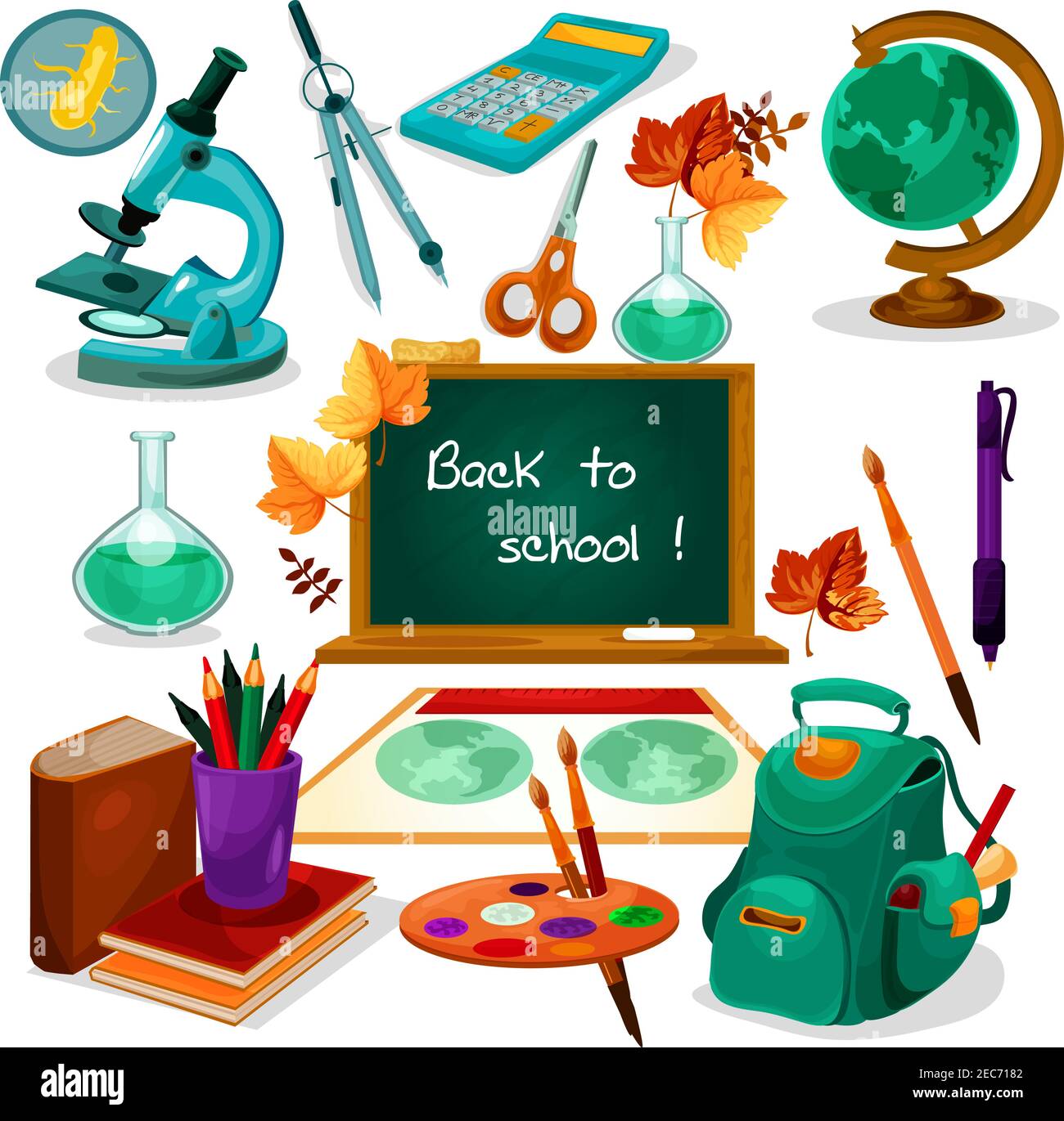 Back to school. Chalk text on green blackboard. Vector isolated icons of globe, backpack, calculator, microscope, scissors, paints, pen map copybook s Stock Vector