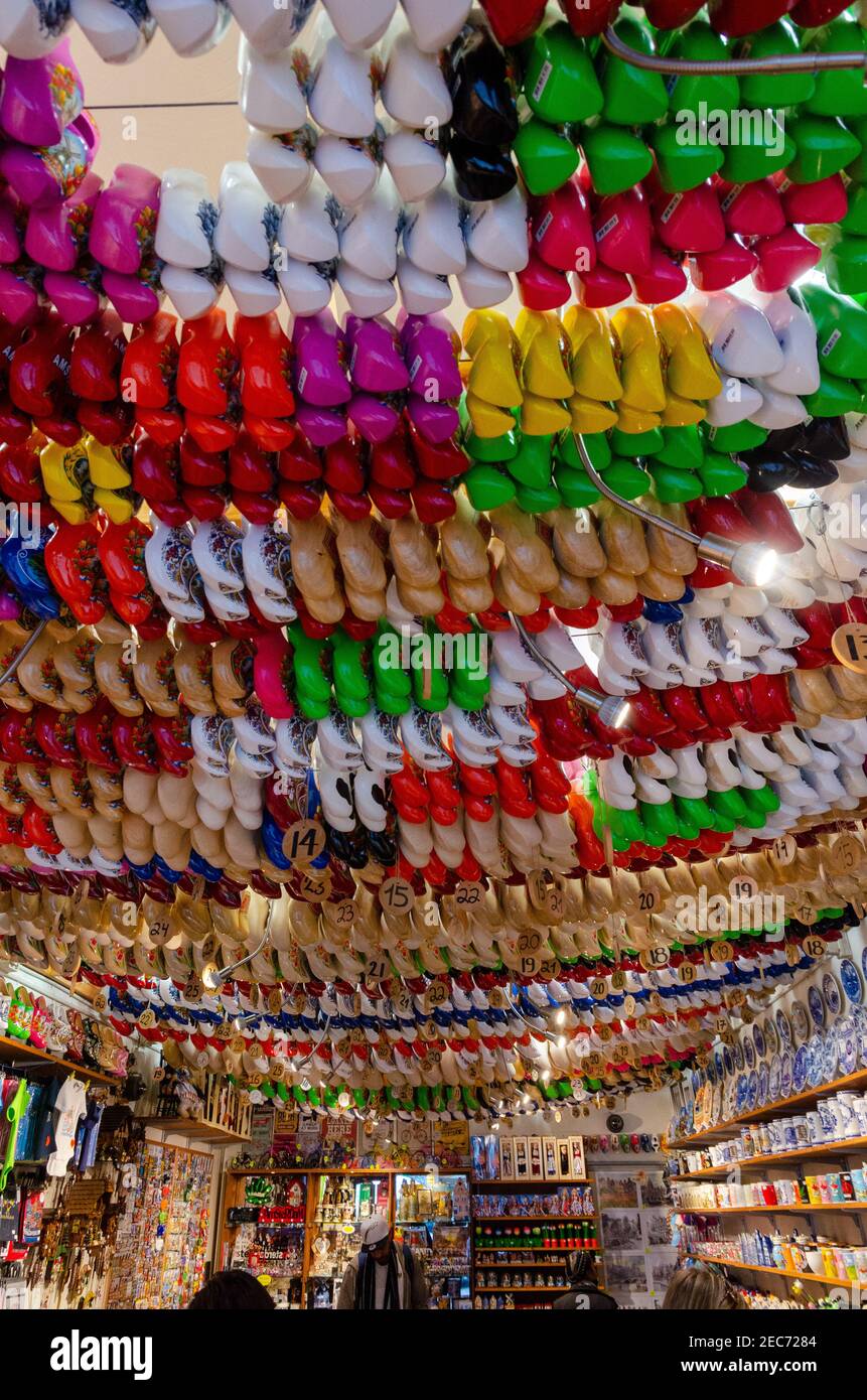 Rack in the store with rows traditional dutch wooden shoes - klompen ...