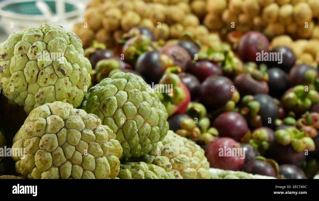 Assorted exotic fruits on stall in market. Bunch of sugar apples placed