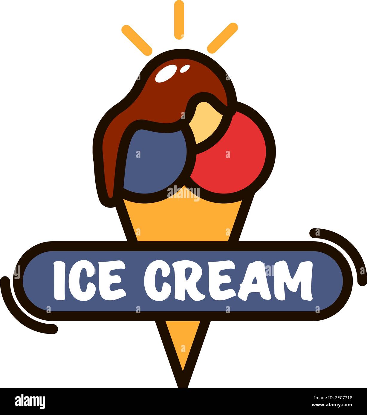 Fast food ice cream dessert linear icon with colorful ice cream scoops ...