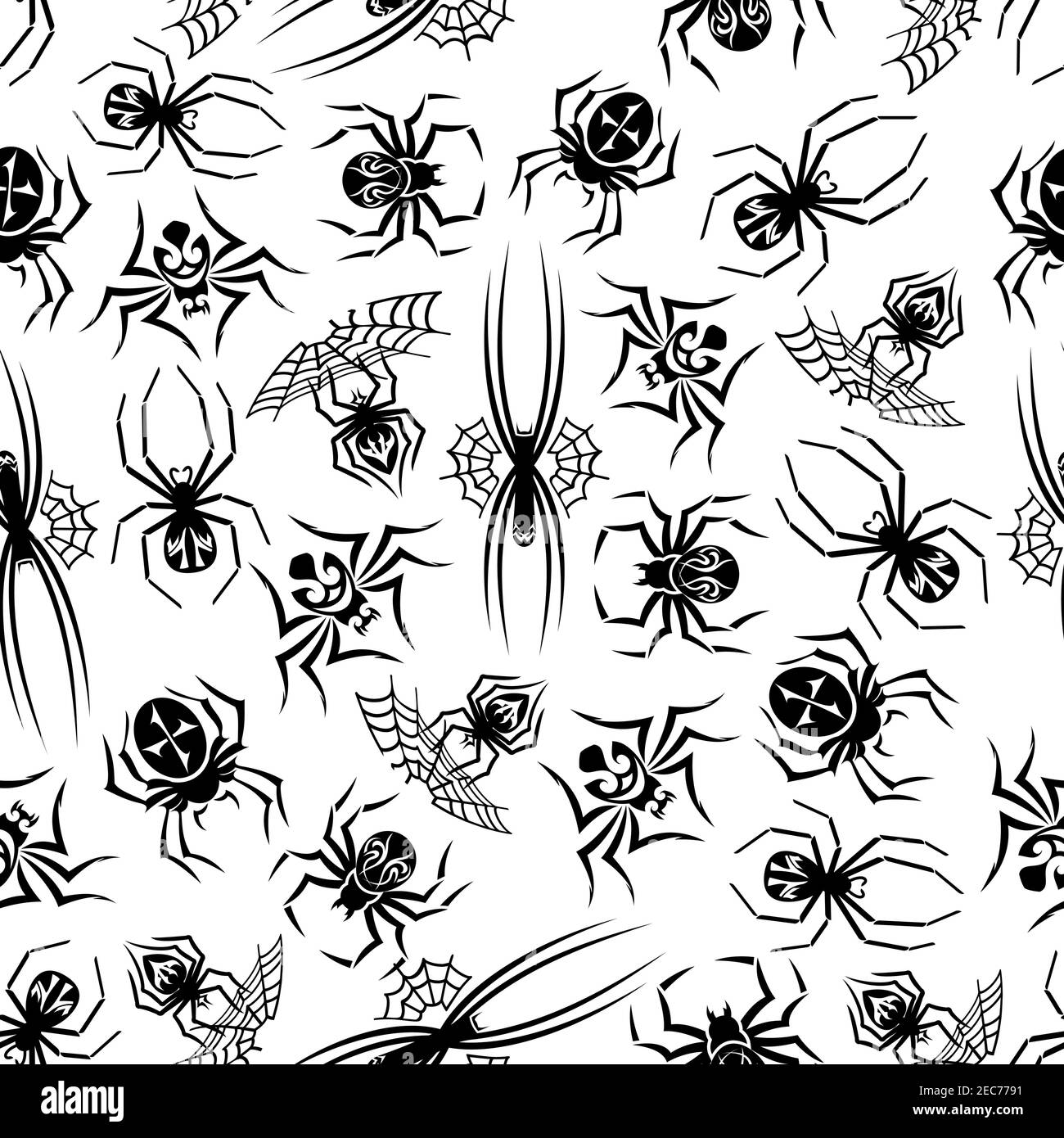 Black spiders seamless background. Wallpaper with vector pattern icons of tarantula, spider web. Halloween decoration Stock Vector