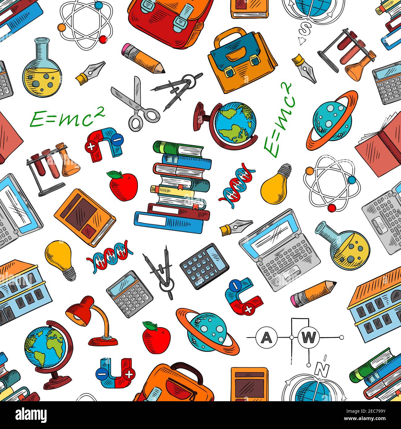 Science and knowledge seamless background. Wallpaper with vector pattern icons of atom, mathematics, gene, dna, molecule, book, chemistry, substance, Stock Vector