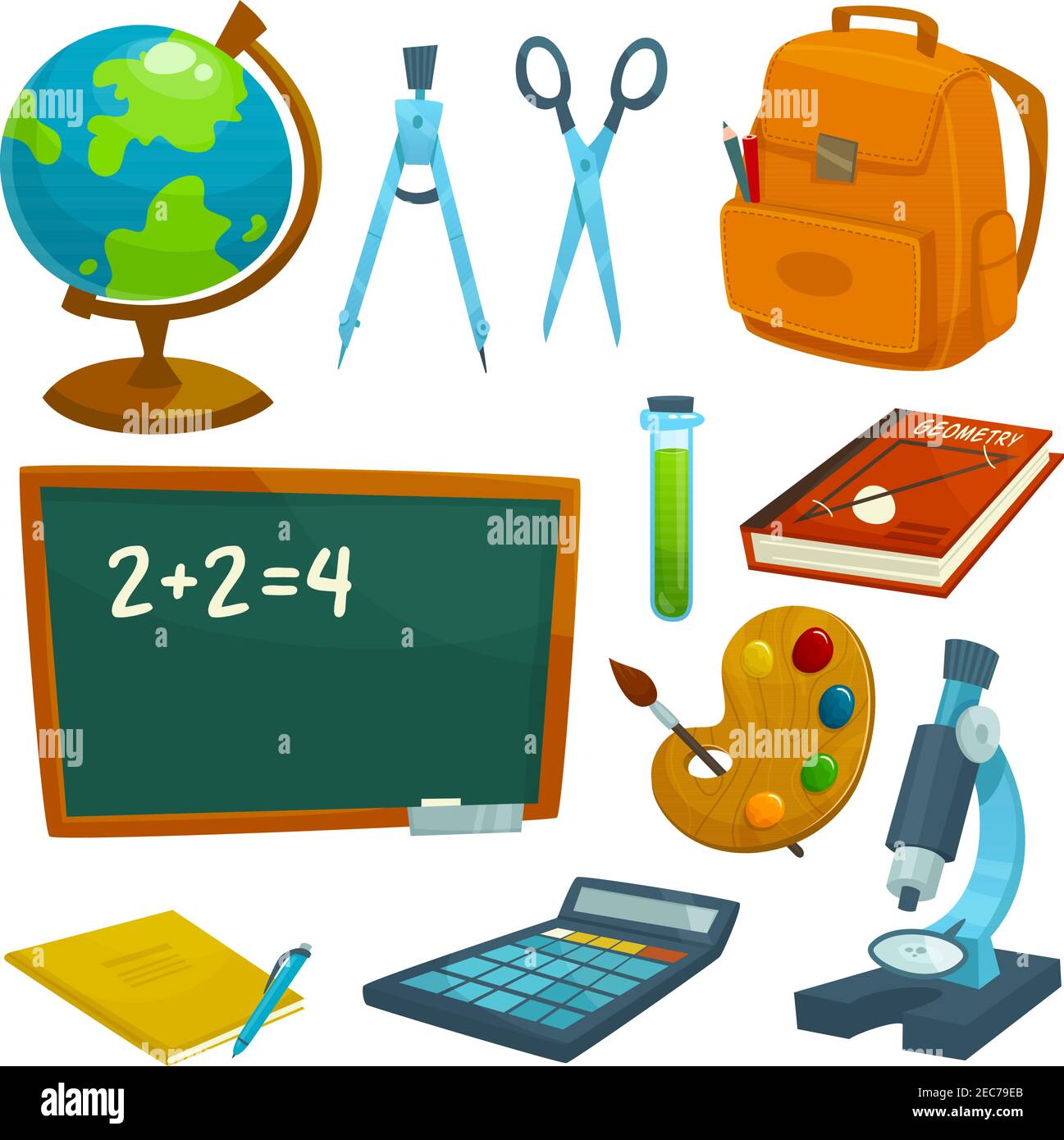 School supplies icons set. Schoolboard, globe, chalk, backpack, book, textbook, pen, calculator, microscope scissors dividers test-tube watercolor pal Stock Vector