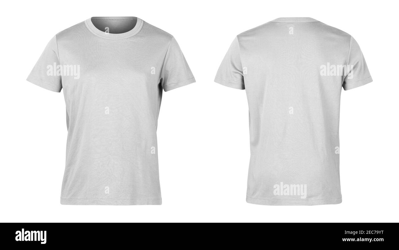 Realistic Grey unisex t shirt front and back mockup isolated on white background with clipping path. Stock Photo