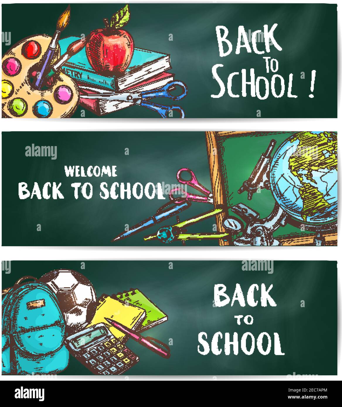 Back to School welcome banners on green blackboard background. Apple, backpack, rucksack, soccer ball, pen, calculator, pencil, copybook, scissors, gl Stock Vector