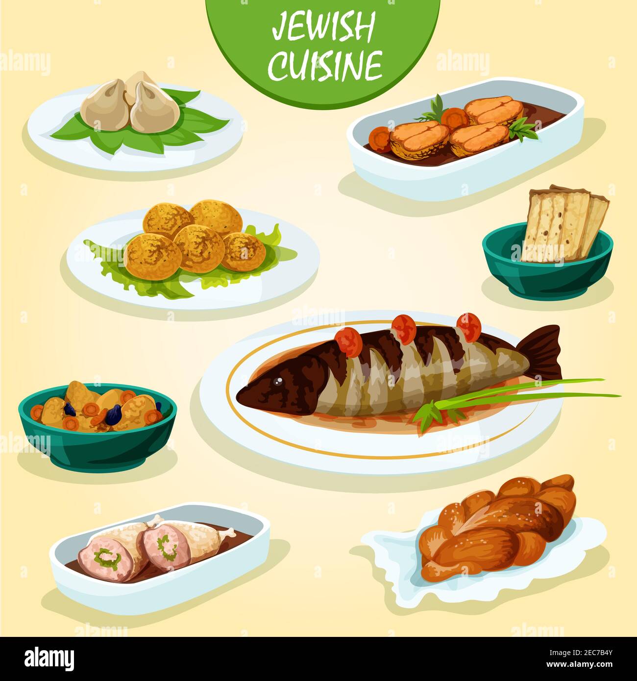 Jewish cuisine icon with matzah, stuffed pike fish and chicken leg, gefilte fish, falafel, meat dumplings kreplach, lamb stew with lentil and dried fr Stock Vector
