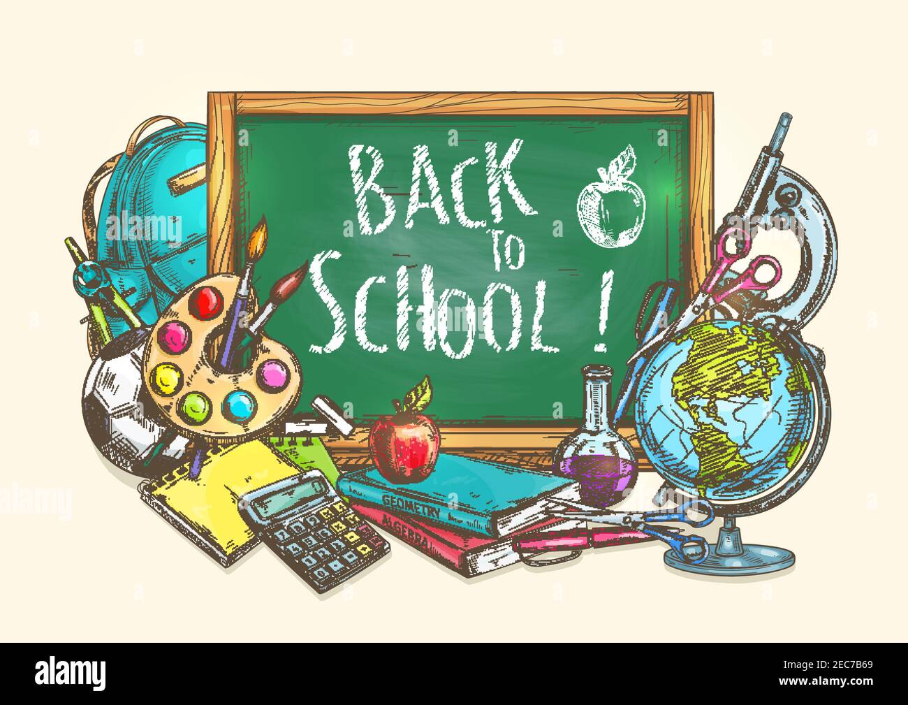 Back to School welcome banner with green chalk blackboard and doodle sketch school supplies of apple, globe, greenboard, backpack, rucksack, soccer ba Stock Vector