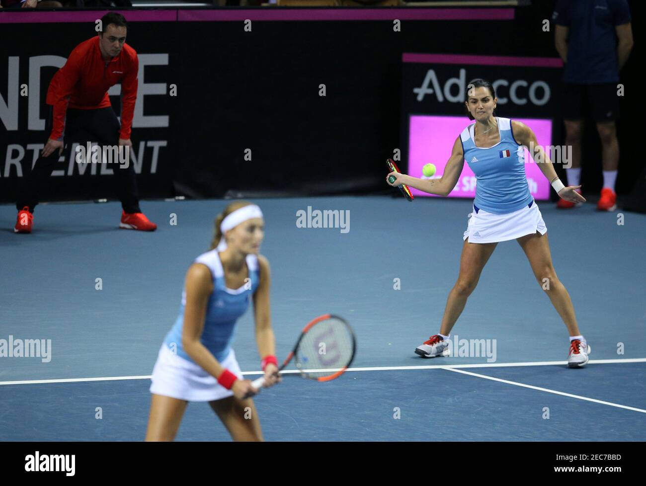 Tennis - Fed Cup World Group First Round - France vs Belgium - Vendespace,  La Roche-sur-Yon, France - February 11, 2018 France's Amandine Hesse in  action during her doubles match with Kristina