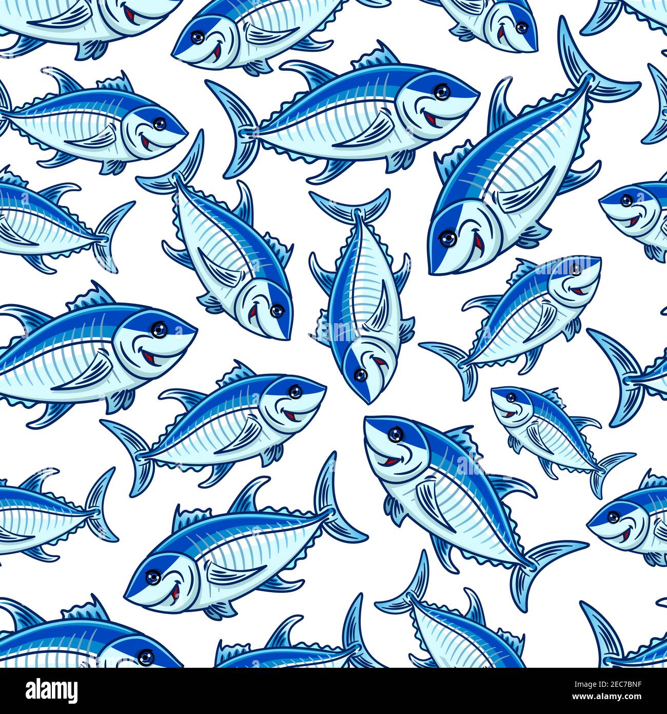 Swimming blue fishes seamless pattern with flock of cartoon atlantic tuna fishes over white background. Seafood and fishing sport themes design Stock Vector