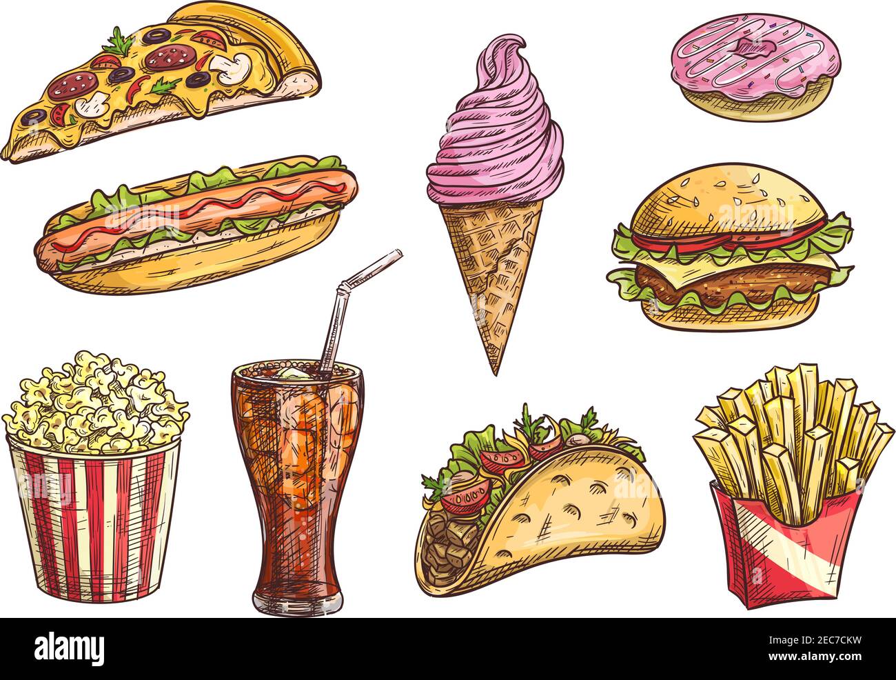 Fast food background. Sketch drawing hamburger, cola snacks. Doodle ic By  Microvector | TheHungryJPEG