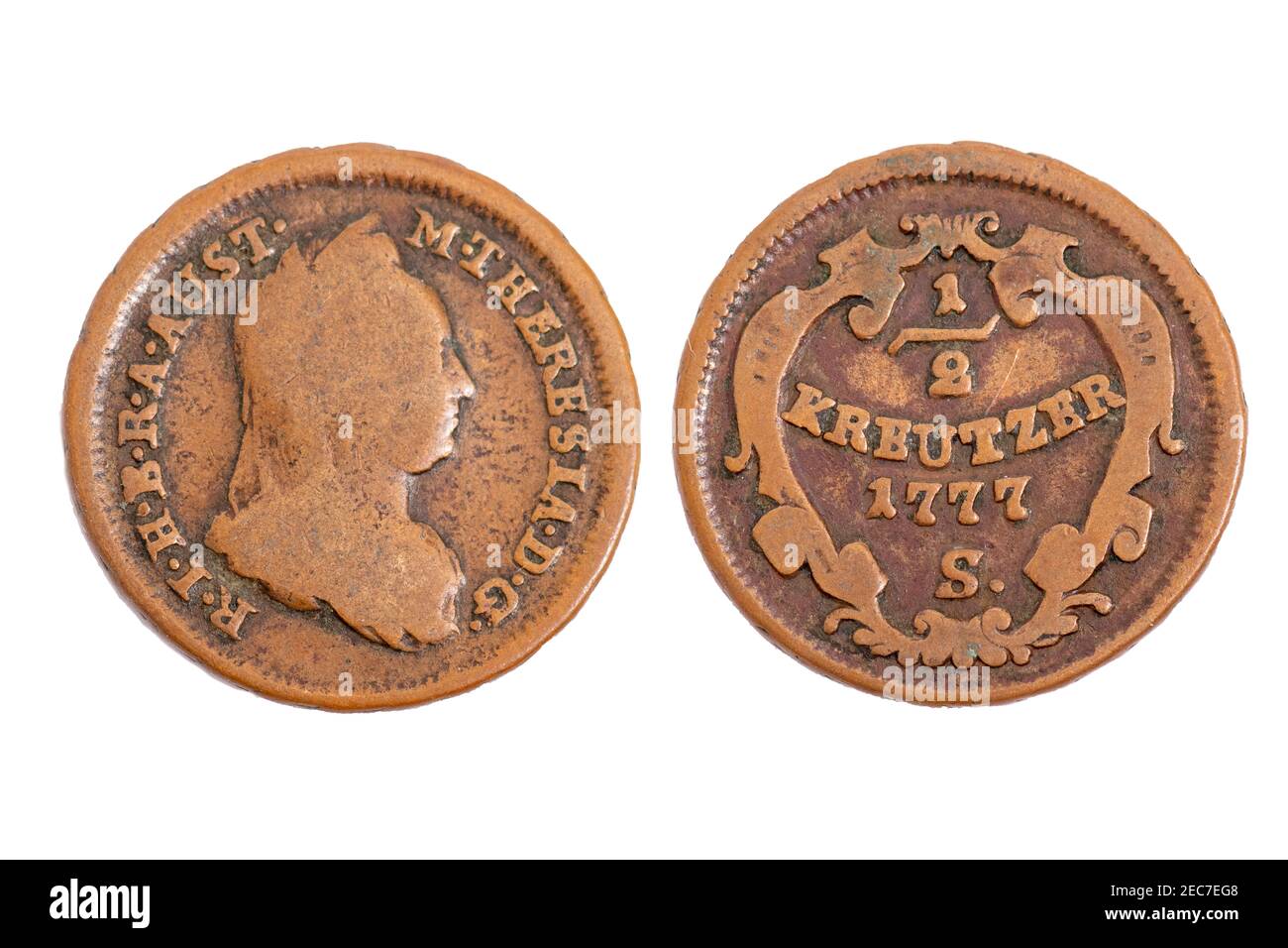 Old ancient vintage coin money Maria Teresa Theresa half Thaler 1777 Kreutzer Stock Photo