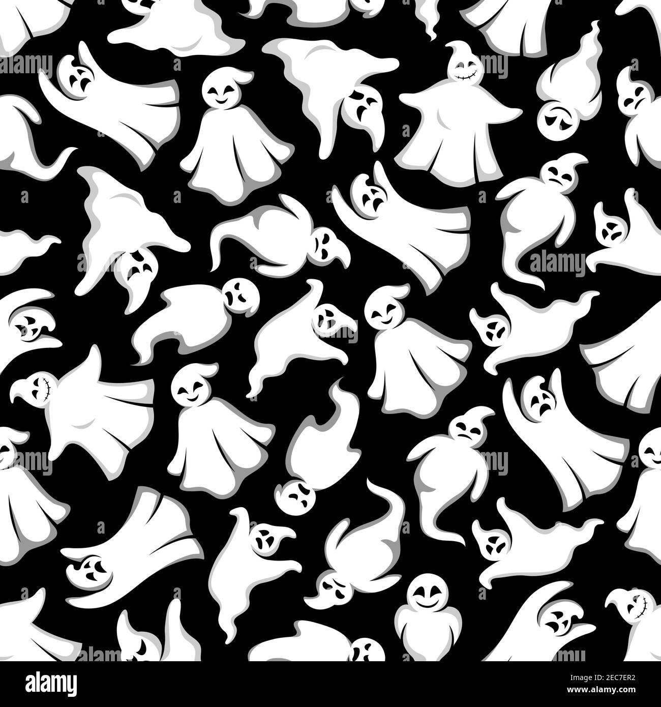 Cartoon Halloween Ghosts seamless background. Cute spooks characters with face expressions. Smiling, laughing, scary, angry, indifferent, serious, shy Stock Vector