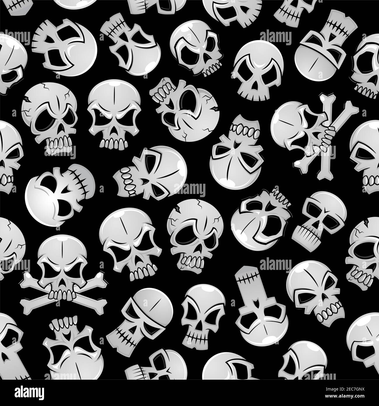 Skeleton skulls seamless background. Wallpaper with vector pattern of craniums and crossbones Stock Vector