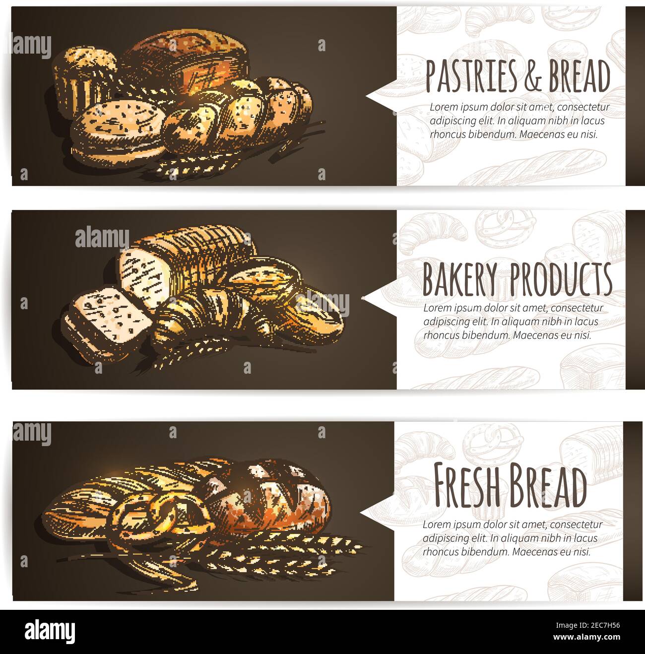 Bakery fresh bread and pastries poster. Vector sketch icons of bagel ...