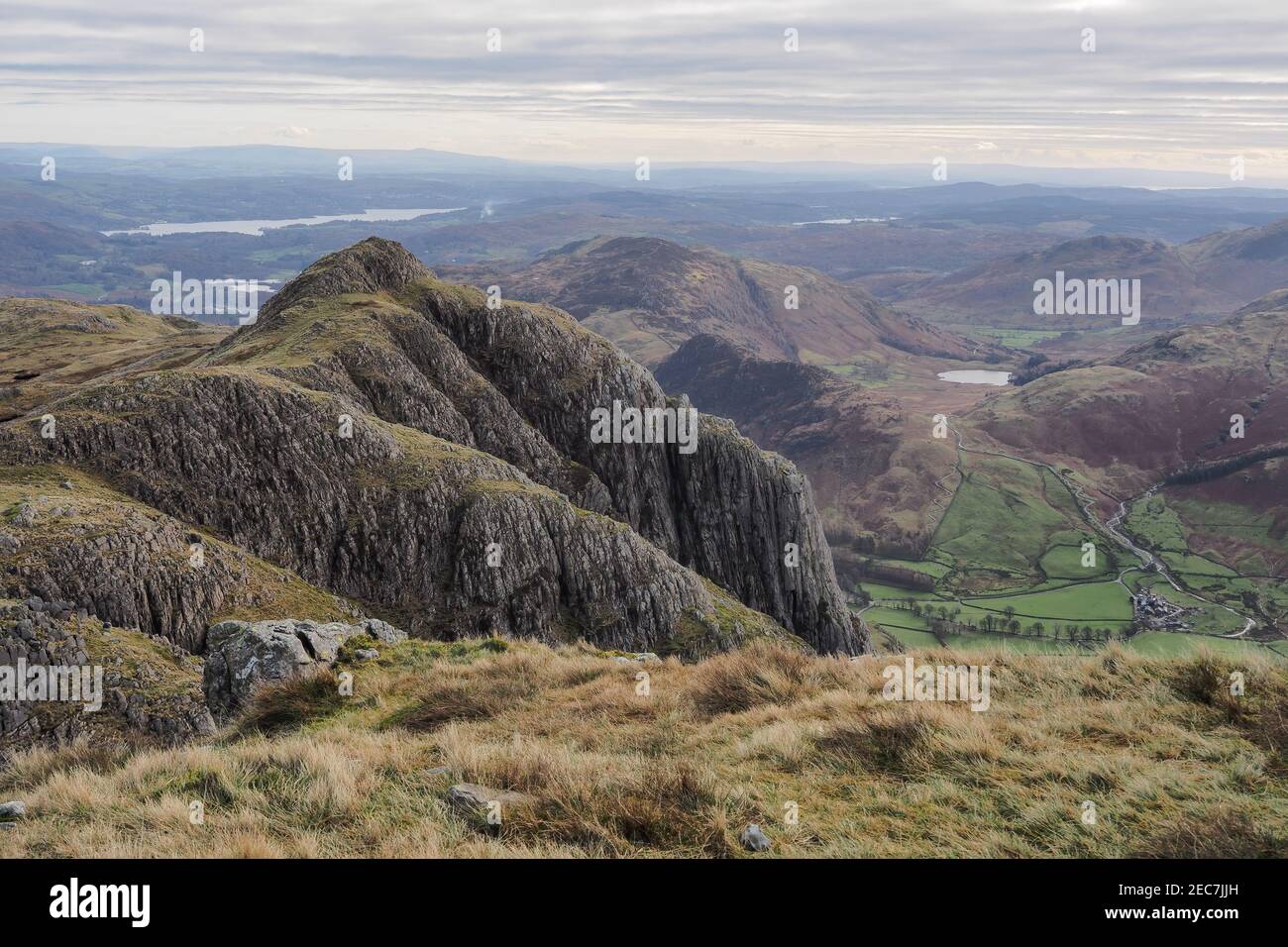 Loft Crag from Pike of Stickle with Blea Tarn, Langdale Pikes, Lake District Stock Photo