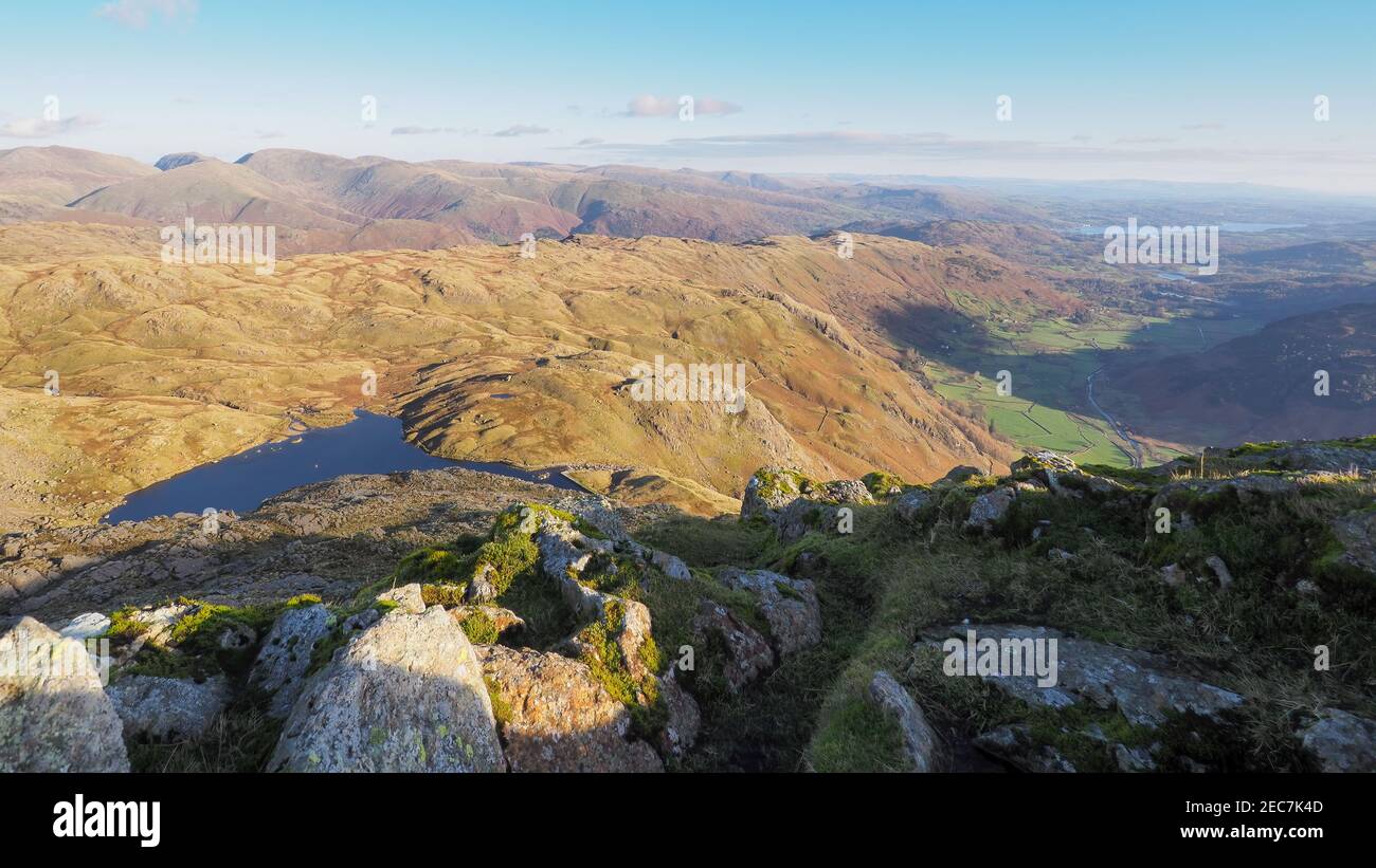 View over Stickle Tarn from Harrison Stickle, Langdale Pikes, Lake District Stock Photo