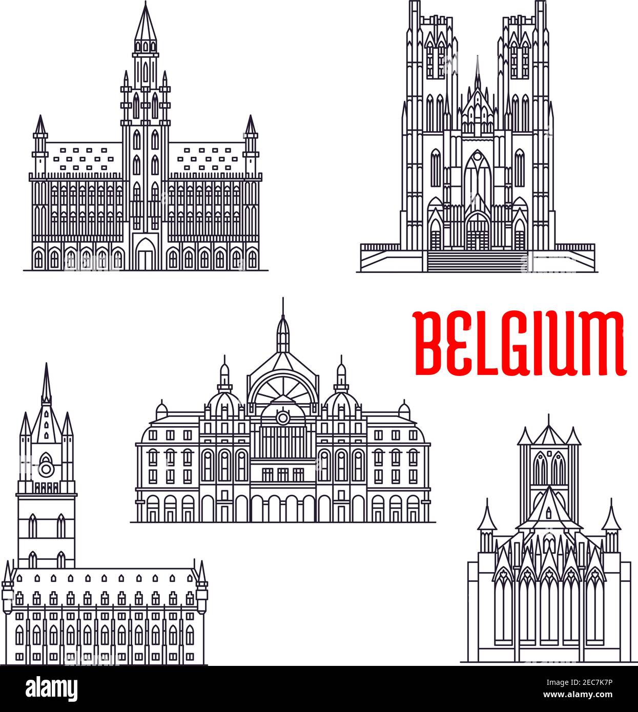 Famous historic buildings of Belgium. Vector thin line icons of Town Hall, Michael and Gudula Cathedral, Cloth Hall, Central Station, Peter Church Leu Stock Vector