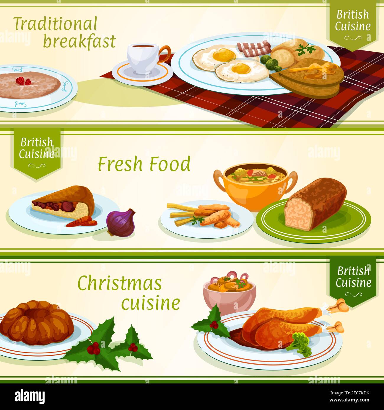 British cuisine breakfast and Christmas dinner menu banners with eggs, bacon, tea and porridge, festive pudding and turkey, fish and chips, gingerbrea Stock Vector