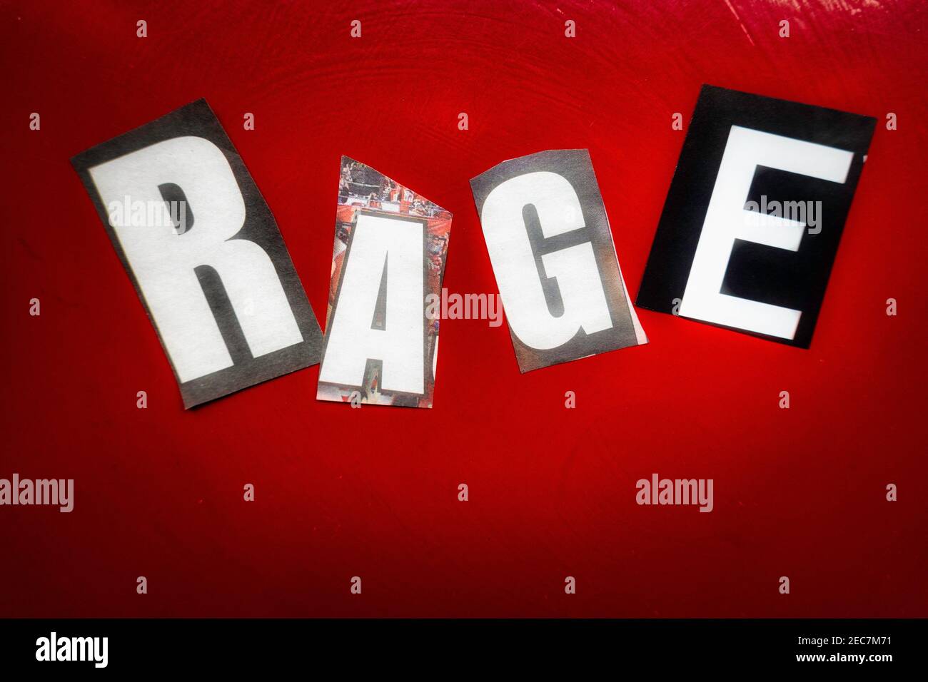 The word 'Rage' using cut-out paper letters in the ransom note effect typography Stock Photo